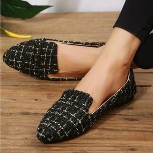 💼 Point Toe Plaid Pattern Flats, Elegant Black Tweed Loafer Flats - Size CN 42